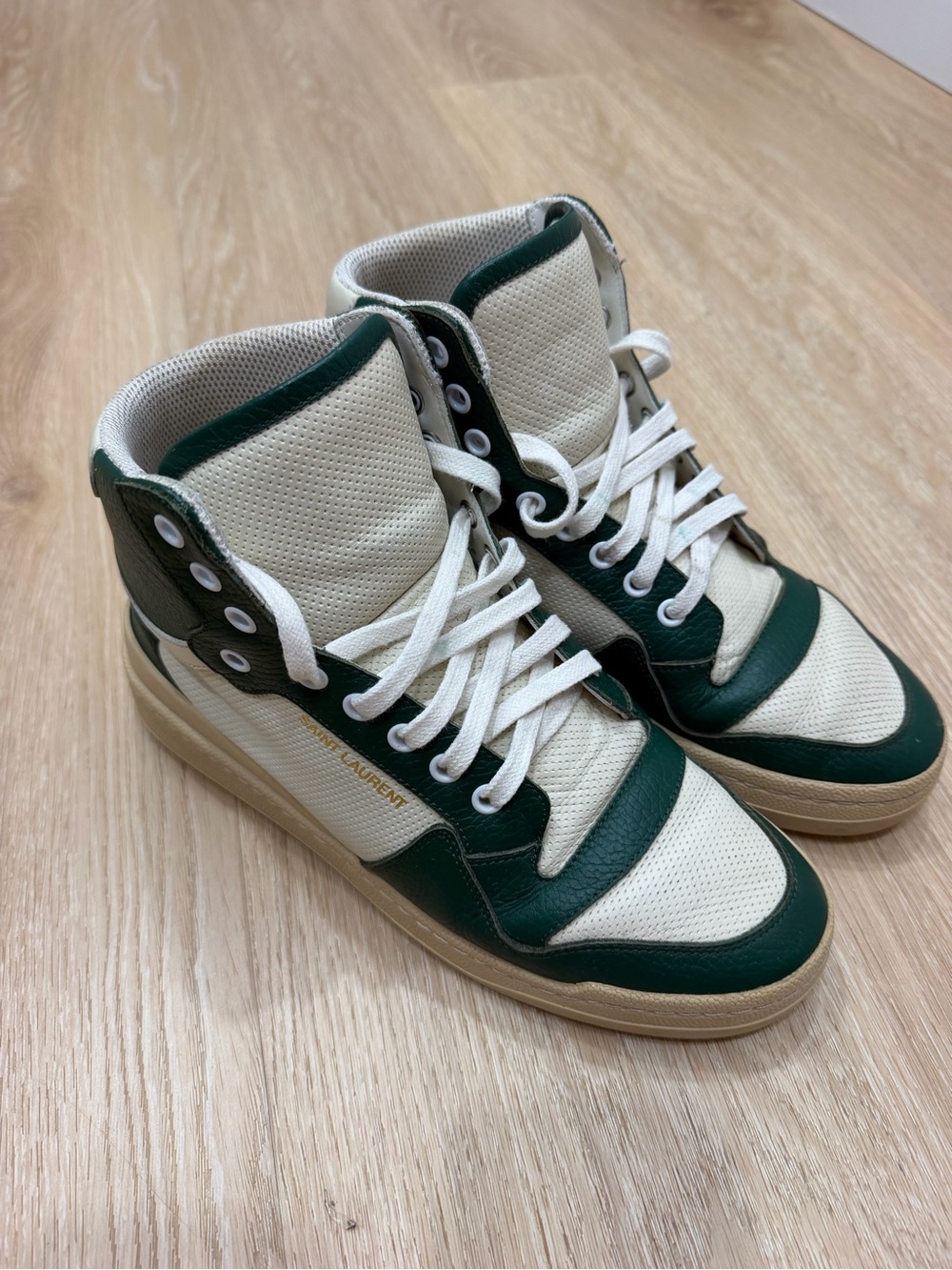 Saint Laurent High-Top Sneakers in Cream and Dark Green